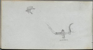 Skissebok, side 26: Studie av et hode og en lampe. av Jean Louis Ernest Meissonier