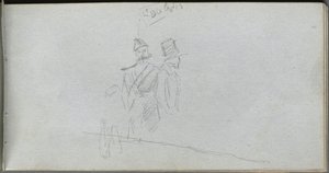 Skissebok, side 38: Studie av en soldat og figur i topphatt av Ernest Meissonier