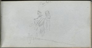 Skissebok, side 38: Studie av en soldat og figur i topphatt. av Jean Louis Ernest Meissonier