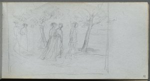 Skissebok, side 41: Figurer i et landskap. av Jean Louis Ernest Meissonier
