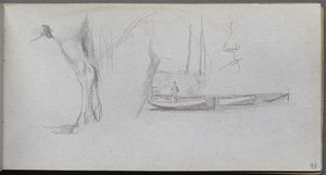 Skissebok, side 43: Studier: Hesteben, figur i en båt og profil. av Jean Louis Ernest Meissonier