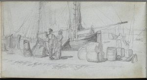 Skissebok, side 50: Båter, figurer, last på en strand. av Jean Louis Ernest Meissonier
