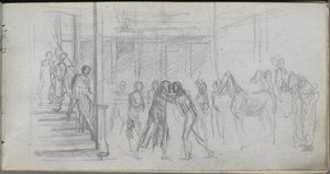 Skissebok, side 62: Figurstudie, trapp, hest. av Jean Louis Ernest Meissonier