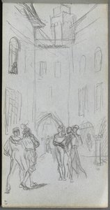Skissebok, side 63: Figurer i en gårdsplass av Ernest Meissonier