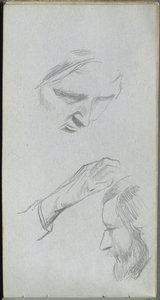 Skissebok, side 70: Studie av to ansikter og en hånd. av Jean Louis Ernest Meissonier