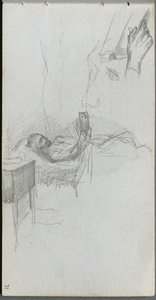 Skissebok, side 71: Studie av en figur som leser i sengen, Studie av en hånd. av Jean Louis Ernest Meissonier