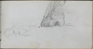 Skissebok, side 84: Figurstudie, studie av et skip. av Jean Louis Ernest Meissonier