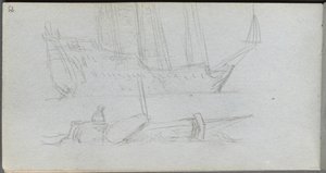 Skissebok, side 85: Studie av et skip og bøye. av Jean Louis Ernest Meissonier