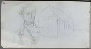 Skissebok, side 99: Studie av figur, bygning av Ernest Meissonier