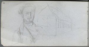 Skissebok, side 99: Studie av figur, bygning. av Jean Louis Ernest Meissonier