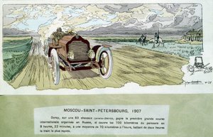 Motorløp: Moskva - St Petersburg, ca 1900 - tegning av Ernest Montaut (1878-1909).