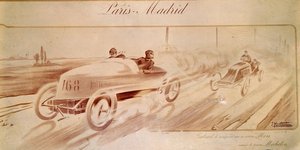 Motorracing: "Paris Madrid": Gabriel-vinner på Mors utstyrt med Michelin-dekk "" Illustrasjon 1903 av Ernest Montaut