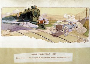 Racing: Vanderbilt Cup i 1904 - tegning av Ernest Montaut (1878-1909). av Ernest Montaut