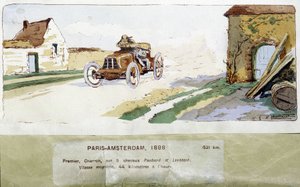 The Paris - Amsterdam race in 1898, drawing by Ernest Montaut (1878-1909). av Ernest Montaut
