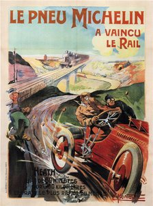 Panhard et levassor racerbil drevet av heden - Michelin-dekk (Pneu) - Montaut, Ernest (1879-1909) - 1905 - Fargelitografi - Privat samling