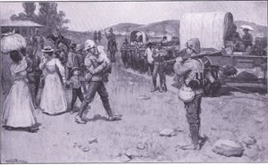 Britiske soldater som hjelper boer-flyktninger, illustrasjon fra After Pretoria: The Guerilla War, 1902 av Ernest Prater