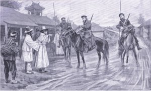 Kosakkspeidere samler informasjon fra en koreansk fange, illustrasjon fra Cassells History of the Russo-Japanese War Vol 1, ca. 1900 av Ernest Prater