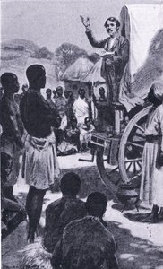 Preaching to the Makololo: Livingstone, illustrasjon fra Cassells Romance of Famous Lives, ca. 1940 av Ernest Prater