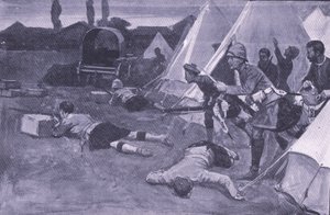 Angrepet på den britiske leiren på markedsplassen i Jacobsdal, illustrasjon fra After Pretoria: The Guerilla War, 1902 av Ernest Prater