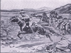 Fangsten av livvakten: Lieut Batemans vågale raid, illustrasjon fra After Pretoria: The Guerilla War, 1902 av Ernest Prater