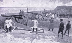 Investeringen til Port Arthur. I en av havnene som vokter den russiske havnen, illustrasjon fra Cassells History of the Russo-Japanese War Vol 1, ca. 1900 av Ernest Prater