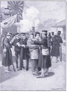 Tropper som forlater Tokio, illustrasjon fra Cassells History of the Russo-Japanese War Vol 1, ca. 1900 av Ernest Prater