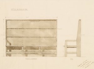 Design for Settle in English Oak, 1909 (penn med wc på papir) av Ernest William Gimson