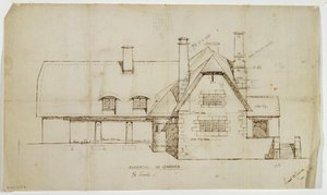 Hagehøyde av hytte, Sapperton, 14. juni 1902 (blekk på lin) av Ernest William Gimson