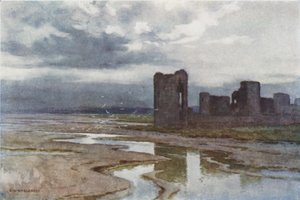 Sands of Dee, Flint Castle (farge litho) av Ernest William Haslehust