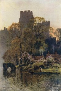 Warwick Castle fra elven (farge litho) av Ernest William Haslehust