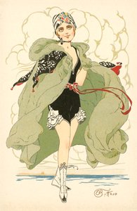 Pen jente i frillbadedrakt og kappe (fargelitografi) av Ernesto Bottaro