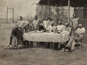 Bankett mot slaveri ved det italienske konsulatet i Boma, Den demokratiske republikken Kongo, gravering av Ernesto Mancastropa fra fotografi av Giuseppe Corona, fra L