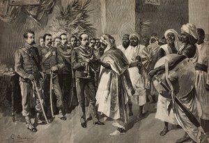 General Tancredi Saletta tilbyr sverd til Kantibai, Chief of Abab, Massawa, Eritrean War, gravering av Ernesto Mancastroppa fra tegning av G Amato, fra L'Illustrazione Italiana No 47, 6. november