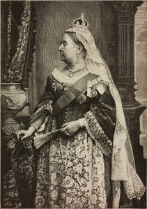 Hennes Majestet Dronning Victoria ved feiringen av 50-årsjubileet for hennes kroning, gravering av Ernesto Mancastroppa fra foto av Walery, fra L