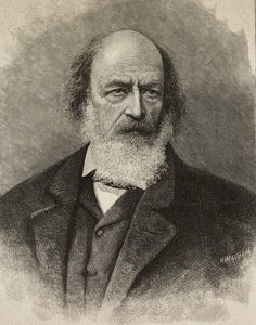 Portrett av Alfred Tennyson (1809-1892), britisk poet, gravering av Ernesto Mancastroppa fra fotografi av Barraud, fra L