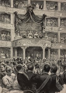 Umberto I og Margherita av Savoyen, akkompagnert av suverene fra Tyskland, på Teatro Argentina i anledning sølvbryllupsfeiringer, 21. april