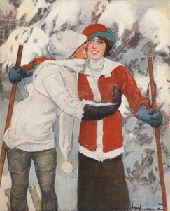 Par på ski om vinteren (farge litho)