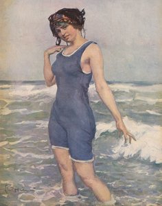 Kvinne som bader i havet (farge litho)