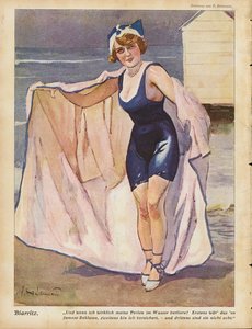 Kvinne på stranden ved Biarritz (farge litho)