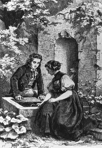 Hermann og Dorothy ved fontenen, illustrasjon for Hermann og Dorothea, idyll av Johann Wolfgang von Goethe (1749-1832), gravering etter tegning av Ernst Bosch (1834-1917) av Ernst Bosch
