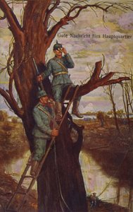 Gode nyheter for hovedkvarteret, tyske soldater som observerer slagmarken og rapporterer til hovedkvarteret via en felttelefon, første verdenskrig, 1915