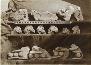 Utgraving av Samarra (Irak): Fragmenter av en frise med kamelfigurer, fra kalifens palass (Dar al-Khilafa, Jawsaq al-Khaqani, Bayt al-Khalifah), Small Serdab, ca. 1911-13 (s/hvitt) bilde) av Ernst Herzfeld