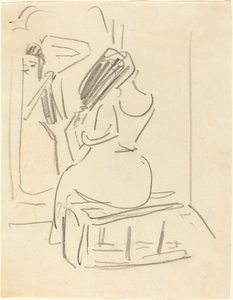 En kvinne som grer håret foran et speil, sent på 1800- og begynnelsen av 1900-tallet. av Ernst Ludwig Kirchner