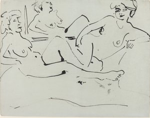 Dodo og en eldre kvinne lener seg foran et speil, 1909. av Ernst Ludwig Kirchner