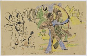 Bueskyttere, ca. 1935 (penn og kritt på brunt papir) av Ernst Ludwig Kirchner