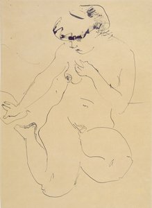 Crouching Naken (penn og pensel på papir) av Ernst Ludwig Kirchner