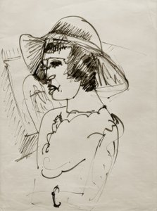 E.L. Kirchner, portrett av Erna med stor hatt av Ernst Ludwig Kirchner