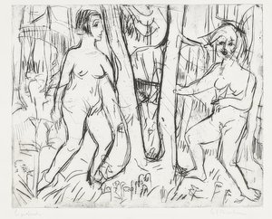 Jenter leker i skogen. 1923 av Ernst Ludwig Kirchner