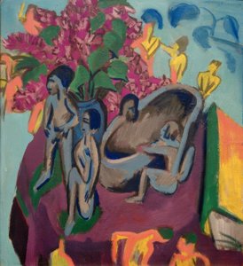 Stilleben med skulpturer og blomster av Ernst Ludwig Kirchner
