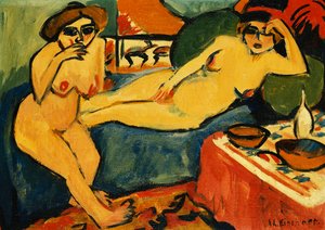 To nakenbilder på en blå sofa; To nakenbilder på blå sofa, ca. 1910-1920